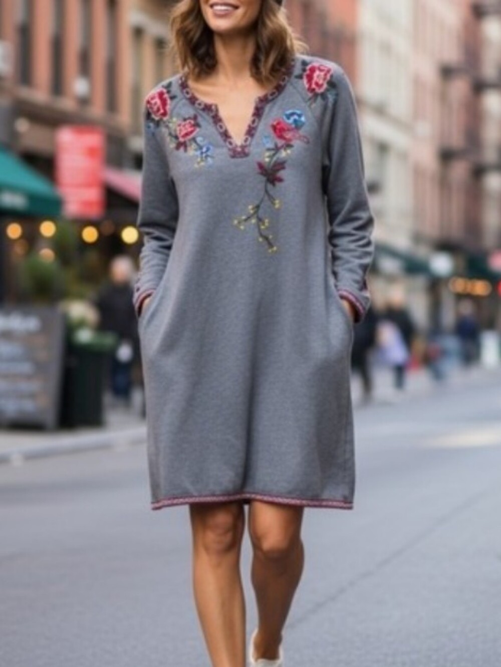 DRIFTWOOD Gray Sweatshirt dress with Yellow & Pink Floral Embroidery Size Medium